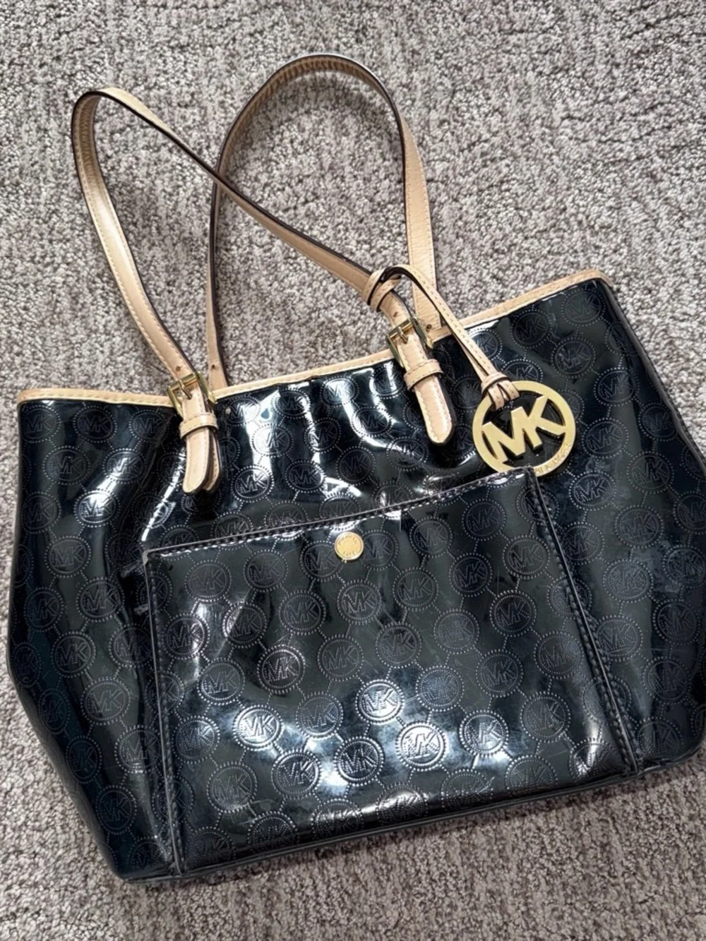 Michael Kors Black Patent Tote with Tan Trim and Gold MK Charm